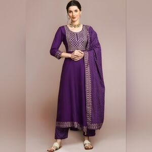Indian Kurta Salwar Pants Palazzo Purple With Dupatta Full Set